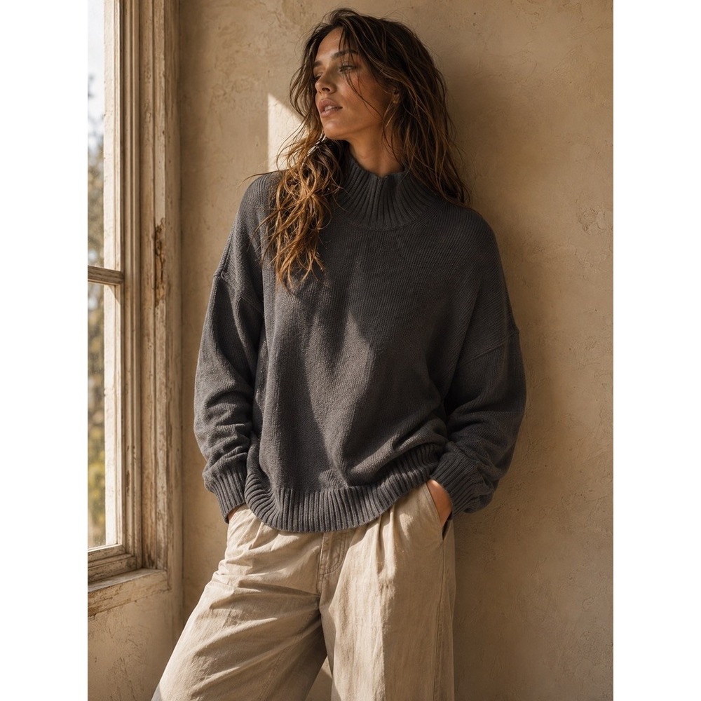Everlane The Cloud Mockneck Sweater Dark Grey 100% Cotton Ribbed XS